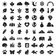 Set of nature vector icons including sun, clouds, moon with stars, snowflake, rainbow, leaf, plant sprout, flowers, tree, thermometer, globe, apple, carrot, corn, acorn, herbs, grass, mountain, rock,  © Alex