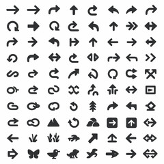Set of vector icons including various arrows (straight, curved, looped, rotating, expanding, merging, diverging, U-turn), navigation symbols, shuffle icons, nature elements (grass, tree, mountain, sto