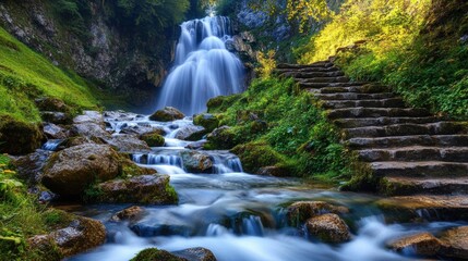 Obraz premium Serene waterfall cascading over rocks amidst lush green landscape