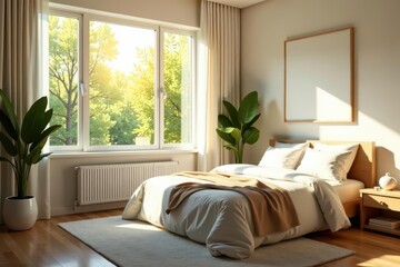 Fototapeta premium Sunlight streams through a large window illuminating a bright, cheerful bedroom , cozy, pillow, fresh