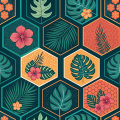 "Seamless Tropical Botanical Pattern with Hexagonal Tiles and Exotic Leaves in Vibrant Colors"

