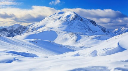 Snow-Covered Mountain Under Blue Sky with Fluffy Clouds in Winter