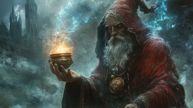 Powerful wizard holding a burning cauldron, shrouded in mystical atmosphere