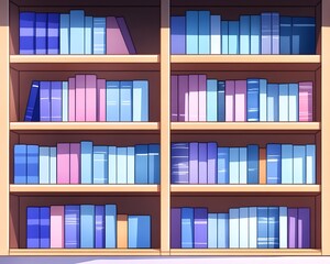 A well-organized wooden bookshelf filled with pastel-colored books, neatly arranged on multiple shelves