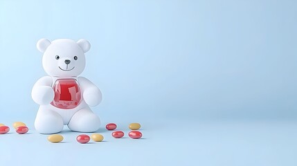 Obraz premium A white teddy bear holds a translucent jar of red jelly, surrounded by scattered red and yellow candies on a light blue background