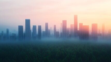Fototapeta premium Foggy City Skyline with Skyscrapers and Trees