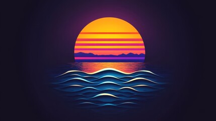 Vibrant Sunset Over Waves with Bold Colors and Peaceful Atmosphere in a Digital Art Style