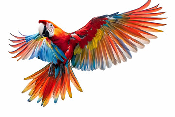 Fototapeta premium Graceful Red Macaw Flying Against Pure White Backdrop