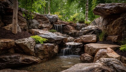 The earthy tones of the rocks and trees blend perfectly with the waterfall s flow
