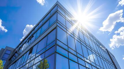 Bright glass office building reflecting sunlight under clear blue sky