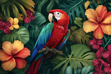 Fototapeta premium Parrot Perched Among Bright Tropical Flowers and Lush Leaves