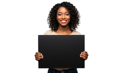 Smiling Black Woman Holding Black Chalkboard &ndash; Isolated Studio Portrait on White Background