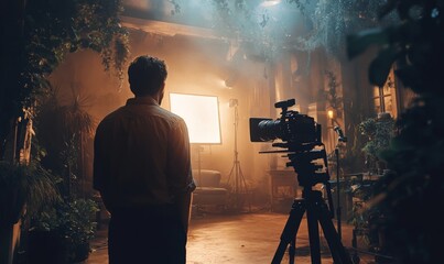 Film set crew team lightman and cameraman working together with director in big studio, video production behind the scenes making of TV commercial movie. Modern movie set