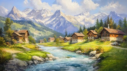 Fototapeta premium Mountain chalets nestled by rushing stream