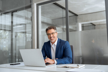 Smiling portrait senior businessman professional entrepreneur working at desk on financial work, looking at camera. Mature Latin business man ceo manager using laptop computer in office. Copy space