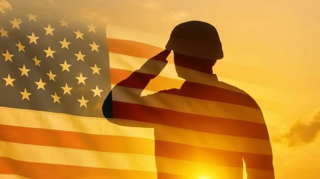 American soldier saluting USA flag at sunset. US Memorial day concept	
