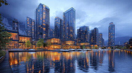 Fototapeta premium Modern skyscrapers reflecting in water at twilight create serene cityscape
