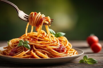 A delicious plate of spaghetti with savory tomato sauce, topped with fresh basil, perfect for Italian cuisine lovers.