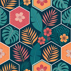 "Seamless Tropical Botanical Pattern with Hexagonal Tiles and Exotic Leaves in Vibrant Colors"

