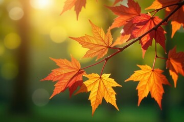 Obraz premium Tender maple branch with emerging leaves, sunlight dappled , plant, texture, foliage