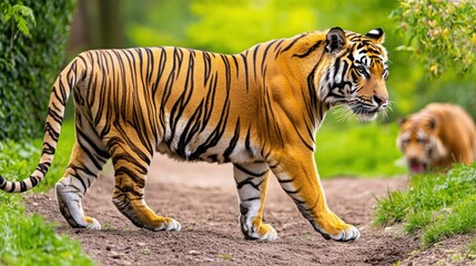 Naklejka premium Majestic Tiger Walking Through Lush Green Forest Pathway