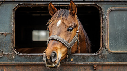 Horse in trailer window at stable, looking out