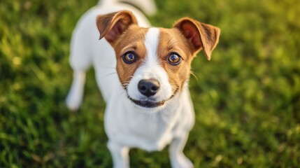 A lively Jack Russell Terrier dog standing on a grassy field, looking directly at the camera with bright, curious eyes and an alert expression.