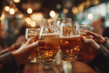 An intimate scene of camaraderie unfolds as friends clink their glasses of golden beer, celebrating moments and creating memories within a warm and inviting environment.