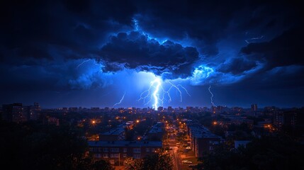 Fototapeta premium Dramatic lightning strike over a city at night.