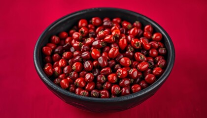 A dark bowl brimming with vibrant red peppercorns rests on a crimson backdrop, visual, spice