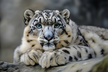 Obraz premium Snow Leopard Portrait Highlighting Blue Eyes and Flawless Coat