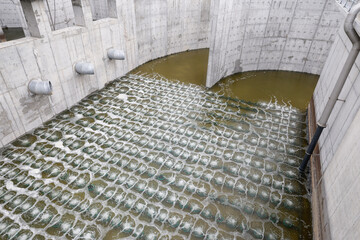 Biological treatment process in aeration basin closeup. Specialized equipment serves for breakdown...