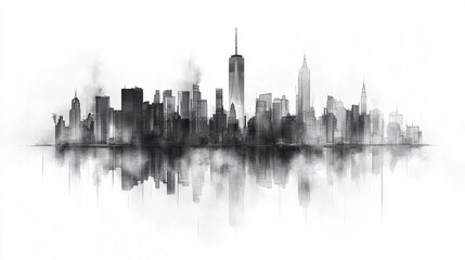 Obraz premium stunning hand drawn cityscape with reflective base, showcasing urban architecture and skyline