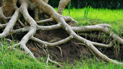 Fototapeta premium Tree Roots Emerging from Soil in a Lush Green Environment