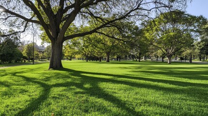 Fototapeta premium Lush Green Park with Majestic Trees and Sunlight Patterns on Grass