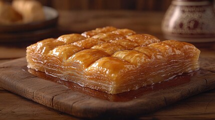 Delicious Traditional Baklava on Rustic Wooden Table Background