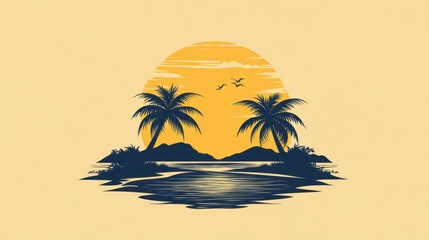 Tropical Paradise Scene with Palm Trees, Sunset, Ocean, and Silhouetted Islands in a Calm Beach Environment