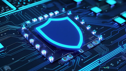  A glowing blue shield integrated into a circuit board background technology background