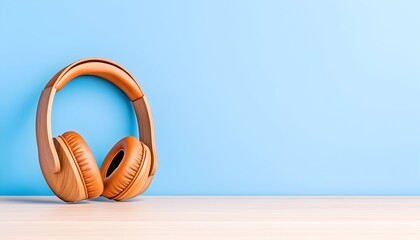 Tan over-ear headphones rest on a light wood surface against a pale blue wall