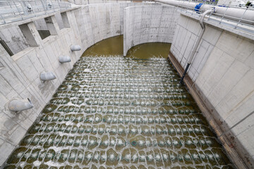 Biological treatment process in aeration basin closeup. Specialized equipment serves for breakdown...