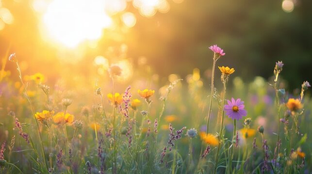 Serene wildflower meadow in golden hour sunlight with soft bokeh, creating a dreamy, peaceful rural sunset scene perfect for nature backgrounds.