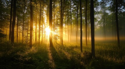 Fototapeta premium Serene forest landscape bathed in warm golden hour light with mystical fog rolling between ancient tree trunks creating atmospheric woodland scene perfect for fantasy backgrounds
