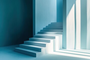 Fototapeta premium Modern, minimalist stairway design in light blue tones.