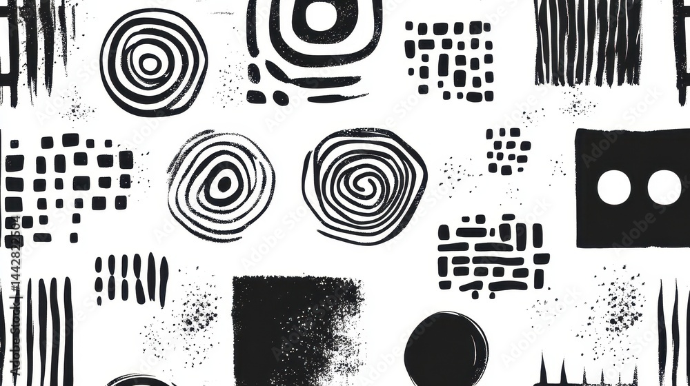 Poster Abstract Black And White Geometric Pattern With Circles Squares And Lines