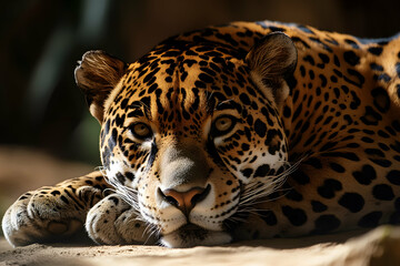 Obraz premium Resting Jaguar with Golden Spots on Isolated Background