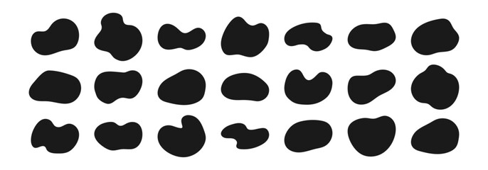 Irregular black blobs. Modern freeform liquid elements, amoeba shapes collection.
