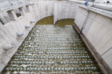 Biological treatment process in aeration basin closeup. Specialized equipment serves for breakdown...