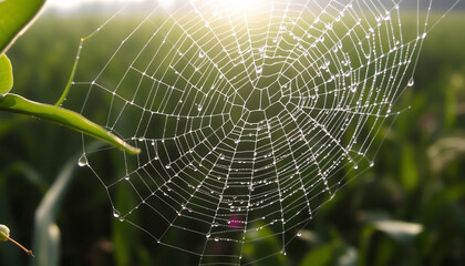 Naklejka premium Close-Up of Dew-Covered Spider Web