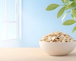 A bowl of rolled oats sits on a light wood surface near a window, bathed in soft sunlight, with a leafy plant in the background