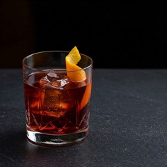 Negroni cocktail on dark stone table. With space for your text